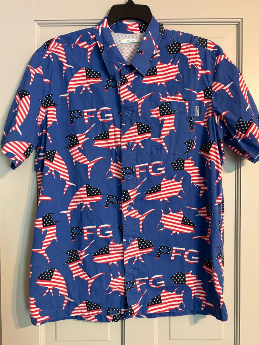 Columbia M Short-Sleeve Blue American Flag Patriotic Marlin Fish PFG Shirt